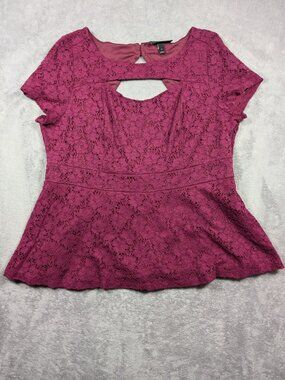 Lane Bryant Lace Peplum Blouse Womens 18/20 2X Purple Keyhole Cutout Bow Tie